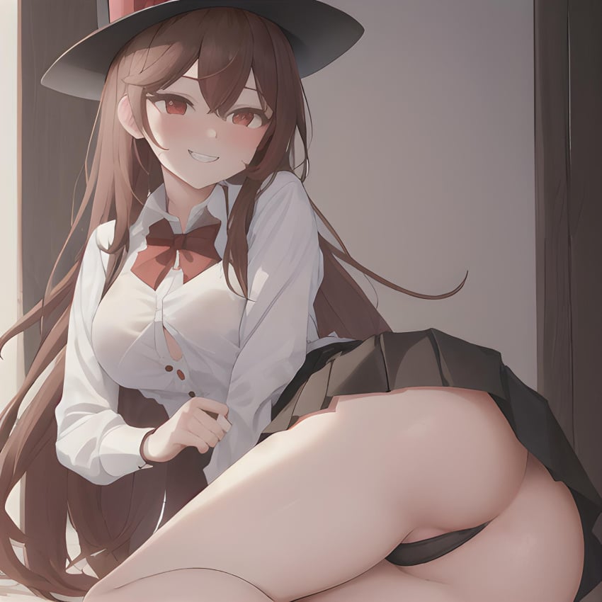 1girls ai_generated blush blushing blushing_at_viewer exposed_ass folk_clothing hat hungarian hungary light-skinned_female light_brown_hair light_skin living_ironically_in_europe long_hair panties red_eyes shirt skirt smile smiling smiling_at_viewer youtube youtuber youtuber_girl