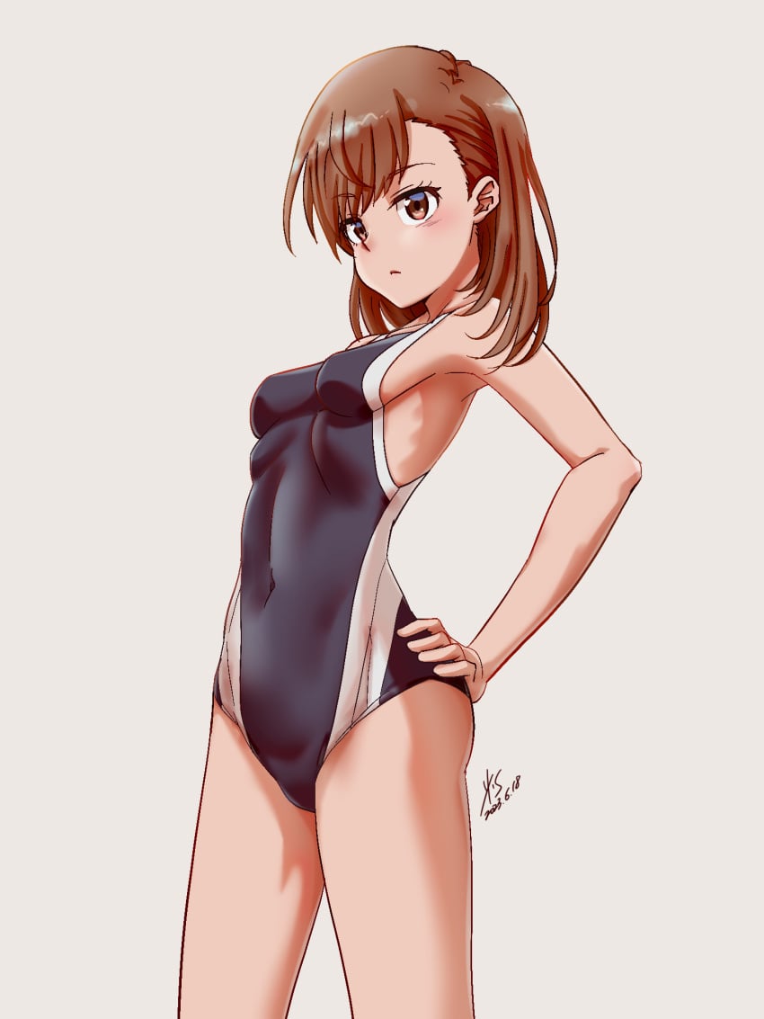 1girls 2020s 2023 armpits bare_shoulders bare_thighs blush breasts brown_hair brunette collarbone dated djt female grey_background hand_on_hip hi_res hips matching_hair/eyes misaka_mikoto navel_visible_through_clothes one-piece_swimsuit ribs school_swimsuit short_hair signature small_breasts solo standing swimsuit teenage_girl teenager thighs to_aru_kagaku_no_railgun to_aru_majutsu_no_index tokiwadai_school_swimsuit young