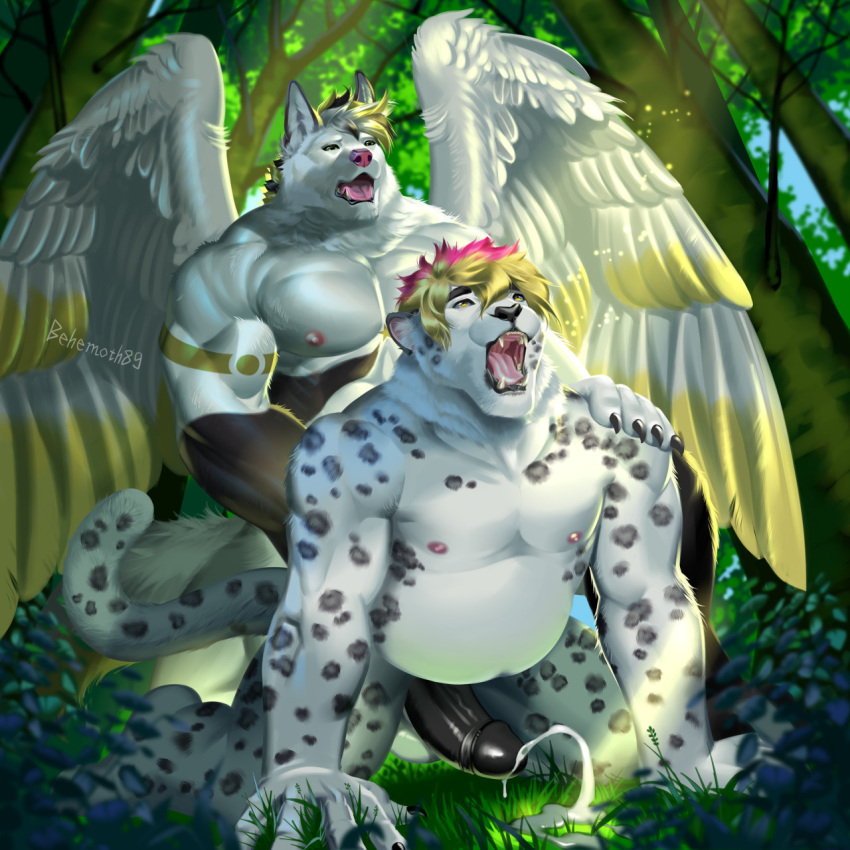 all_fours anal_orgasm anthro behemoth89 black_body black_fur black_penis blonde_hair canid canine canis doggy_style duo ejaculation fangs feathers felid forest forest_background from_behind_position fur genitals grass green_eyes hair hand_on_shoulder hi_res highlights_(coloring) leopard leopard_spots male male/male mammal multicolored_body multicolored_fur nature nature_background nipples orgasm orgasm_face outside outside_sex pantherine penis pink_nipples plant sex short_hair snow_leopard spoted_fur spots spread_wings teeth tongue tree white_body white_feathers white_fur white_wings wings wolf yellow_body yellow_eyes yellow_feathers