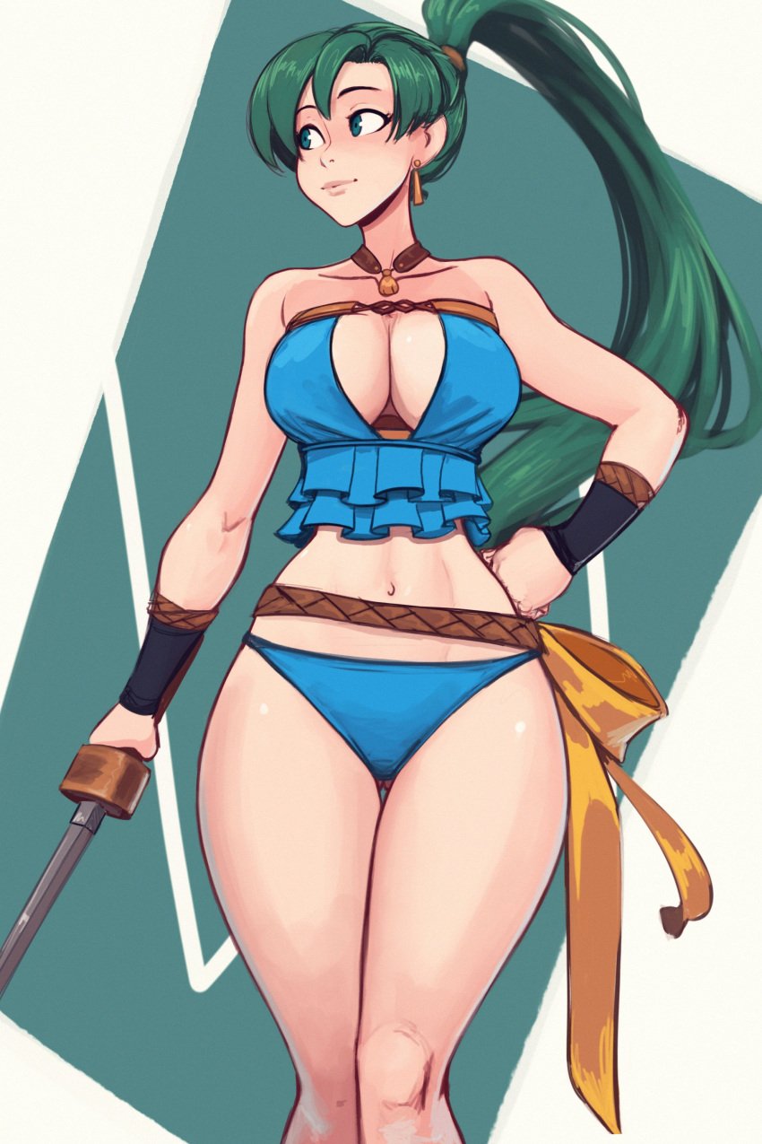 alternate_costume bikini blue_bikini blue_swimsuit breasts female female_only fire_emblem fire_emblem:_the_blazing_blade fire_emblem_heroes lyn_(fire_emblem) lyn_(summer)_(fire_emblem) nintendo official_alternate_costume raichiyo33 solo swimsuit