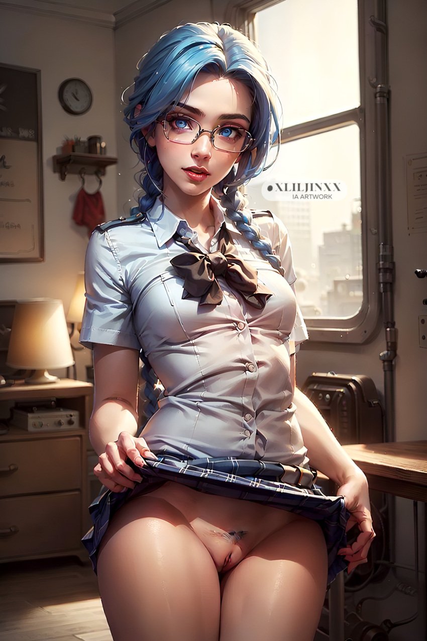 ai_generated arcane arcane_jinx glasses jinx_(league_of_legends) league_of_legends league_of_legends:_wild_rift nerd nsfw riot_games showing_pussy small_breasts student teenager vagina xliljinxx