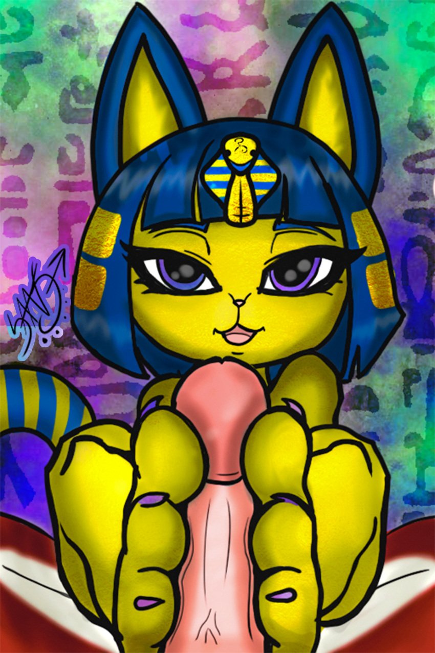 animal_crossing ankha ankha_(animal_crossing) anthro antlers blue_hair colored_nails colored_toenails duo egyptian felid female foot_fetish foot_play footjob fur genitals hair hi_res hieroglyphics horn humanoid_genitalia jackalope lagomorph male male/female mammal nails nintendo paws penis red_body red_fur sans_alembic_(character) sansalembic_(artist) sex toenails two-footed_footjob yellow_body yellow_fur