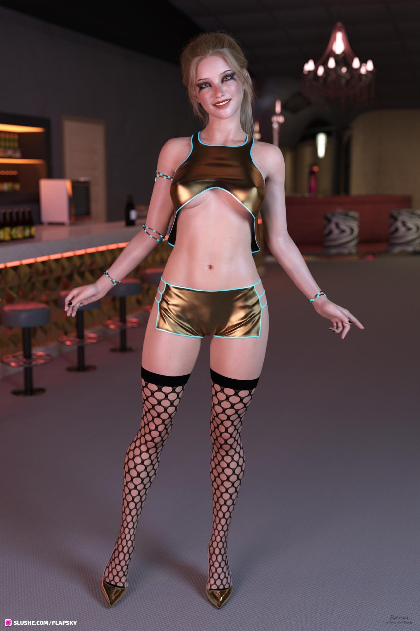 1girls 2023 3d amelia_(flapsky) black_nail_polish black_nails blonde_hair clothed clothing female female_only fishnets flapsky front_view fully_clothed glowing_clothes glowing_clothing high_heels indoors original_character revealing_clothes smile solo solo_female standing stockings