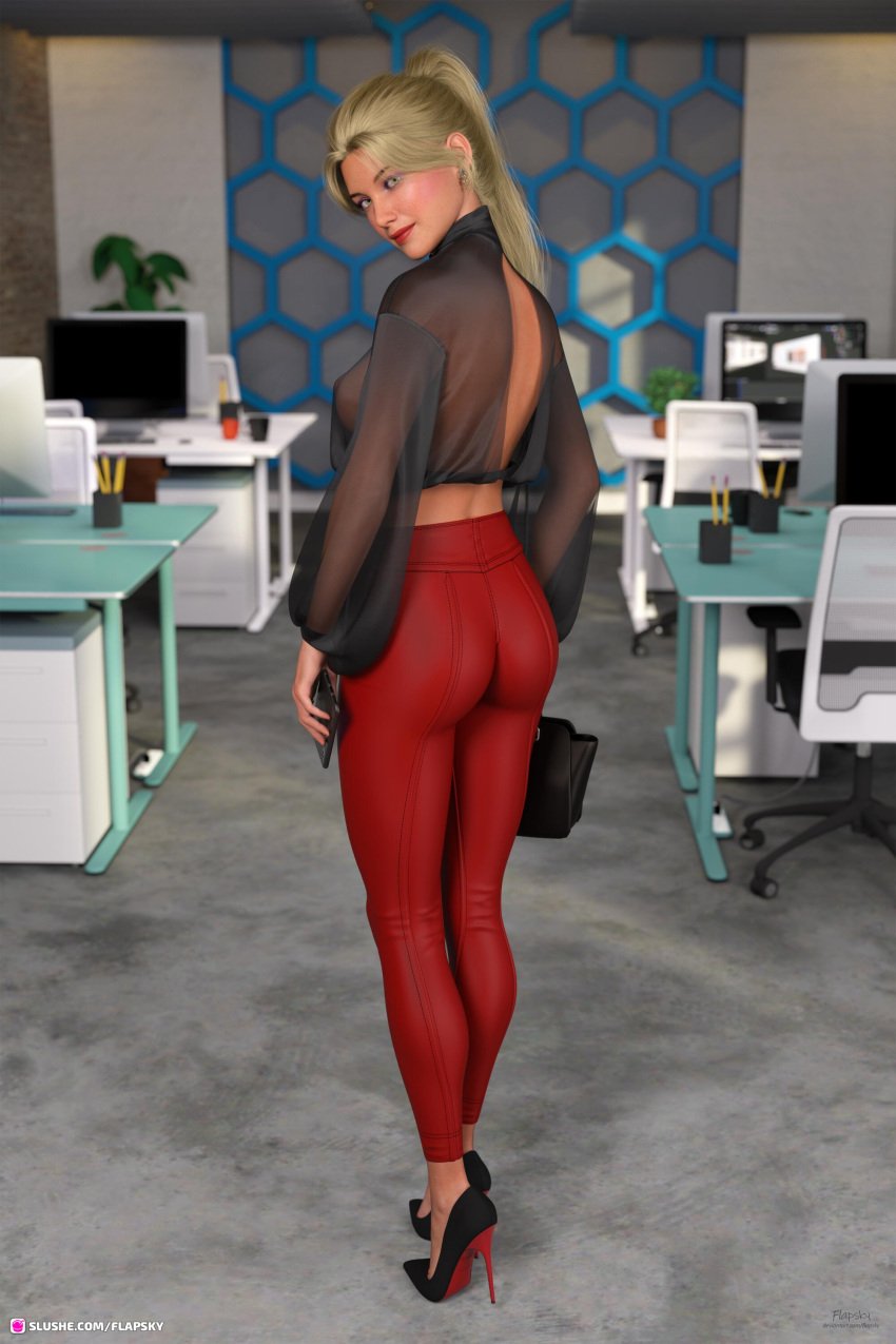 1girls 2023 3d anna_(flapsky) black_high_heels blonde_hair clothed clothing depth_of_field female female_only flapsky high_heels holding_object holding_purse holding_smartphone indoors lipstick looking_at_viewer looking_back no_bra office original_character pants ponytail red_bottom_heels red_lipstick red_pants see-through see-through_clothing see-through_top solo solo_female standing