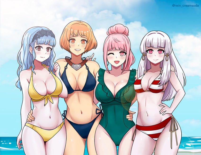 4girls alternate_costume alternate_hairstyle artist_name bikini blue_bikini blue_hair blue_swimsuit blush cleavage female female_only fire_emblem fire_emblem:_three_houses fire_emblem_warriors:_three_hopes green_one-piece_swimsuit green_swimsuit hilda_valentine_goneril leonie_pinelli light-skinned_female light_skin long_hair looking_at_viewer lysithea_von_ordelia marianne_von_edmund multiple_girls nintendo official_alternate_hairstyle one-piece_swimsuit one_eye_closed orange_eyes orange_hair pink_eyes pink_hair red_bikini red_swimsuit rein_creamsoda sea short_hair swimsuit watermark white_bikini white_hair white_swimsuit wink yellow_bikini yellow_swimsuit