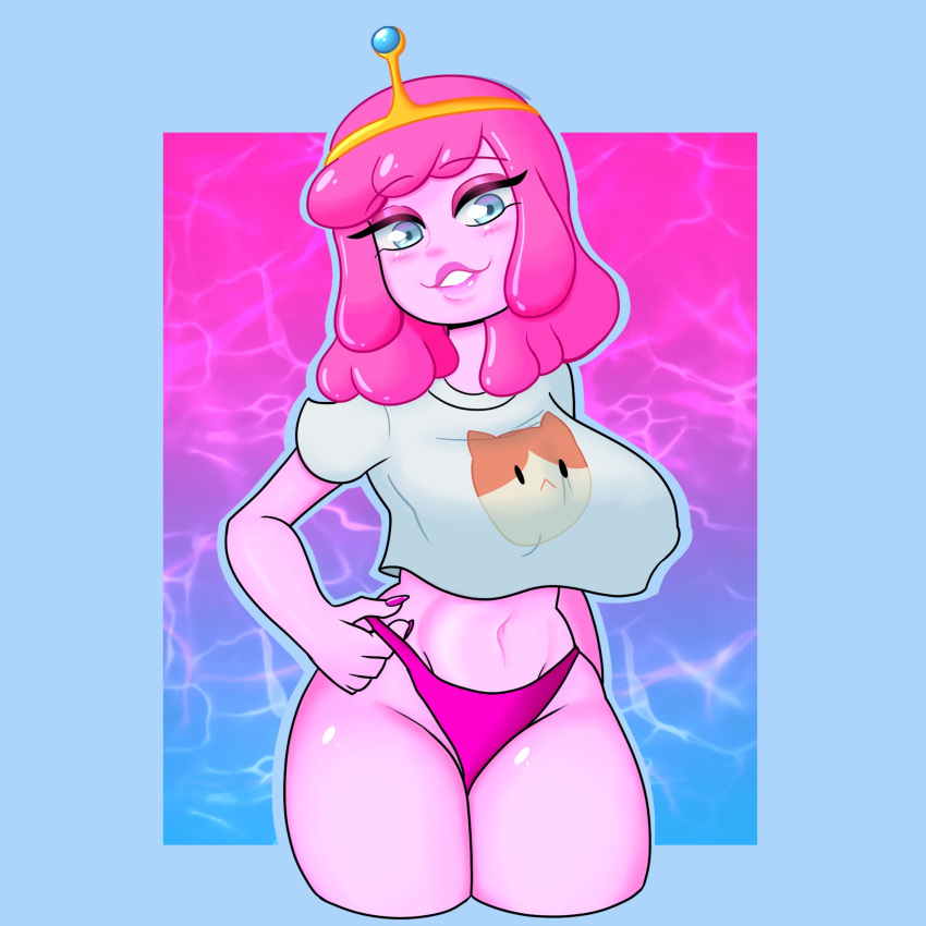 1girls adventure_time big_breasts big_breasts blue_eyes bonnibel_bubblegum bubble_gum cartoon_network crop_top crown female female_focus female_only flirting_look panties partially_clothed pink_hair pink_lipstick princess_bubblegum raccoon_sama short_hair simple_background thick_thighs wide_hips