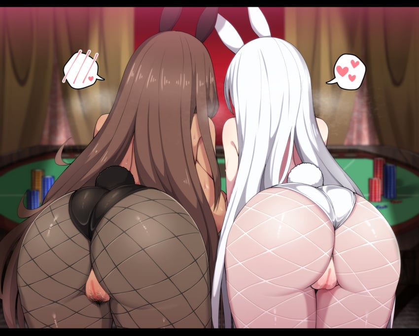 2girls animal_ears ass bent_over black_leotard blanc_(nikke) brown_hair casino censored cleft_of_venus crotchless crotchless_leotard dark-skinned_female dark_skin dat_ass fake_animal_ears fat_ass fat_mons female_pubic_hair fishnet_pantyhose fishnets from_behind fumutarou goddess_of_victory:_nikke hairy_pussy heart leotard long_hair multiple_girls noir_(nikke) pantyhose pawg playboy_bunny poker_chip poker_table pubic_hair pussy rabbit_ears spoken_blush spoken_heart steam table tail thigh_gap thighs very_long_hair white_hair white_leotard