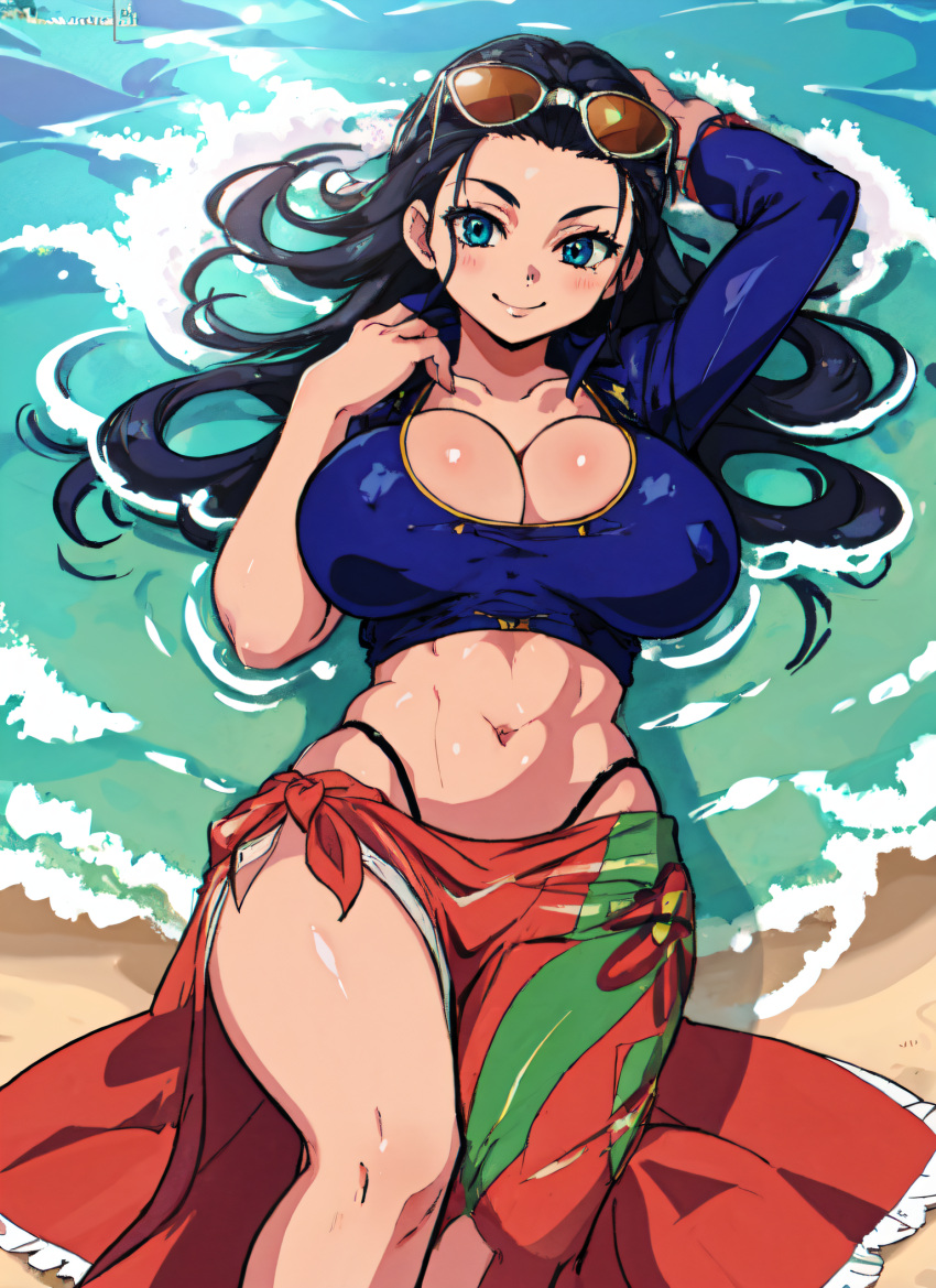 1girls ai_generated beach big_breasts black_hair blue_eyes breasts cleavage female female_only hi_res highleg_panties huge_breasts large_breasts lying lying_on_back mabi_ai midriff navel nico_robin one_piece post-timeskip sunglasses sunglasses_on_head thick_thighs wide_hips