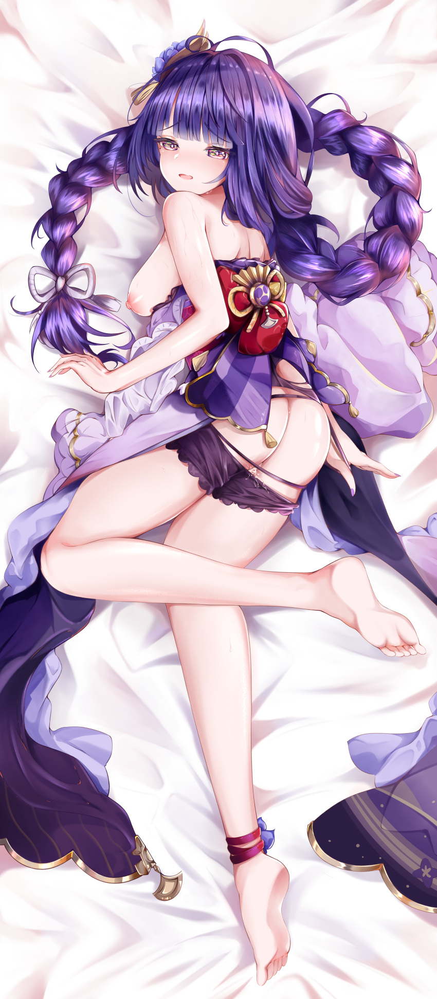 absurdres anklet ass barefoot bed_sheet blunt_bangs bow braid breasts commentary_request dakimakura_(medium) feet female genshin_impact hair_ornament hairbow highres japanese_clothes jewelry kimono large_breasts legs long_hair long_sleeves looking_at_viewer looking_back low-tied_long_hair low_ponytail lying mitsudomoe_(shape) nipples obi on_stomach panties panty_pull purple_eyes purple_hair pussy_juice raiden_shogun sash short_kimono sidelocks simple_background single_braid soles solo toes tomoe_(symbol) toto_tony underwear wide_sleeves