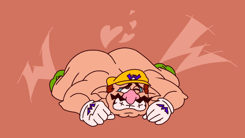 1boy ass ass_up enterman facing_viewer full_body heart laying_on_stomach looking_up lying male male_only mario_(series) nude on_stomach one_eye_closed shoes_only simple_background solo solo_male wario