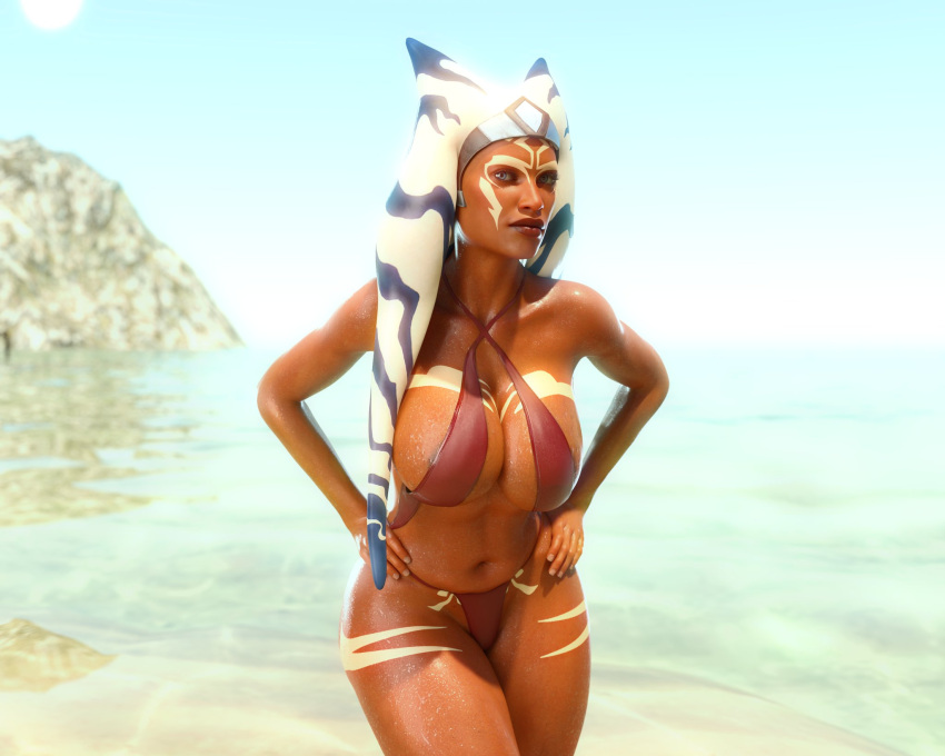 1girls 3d absurd_res ahsoka_tano alternate_version_available beach big_breasts drinkerofskies female female_only nude nude_female solo star_wars swimsuit swimwear togruta