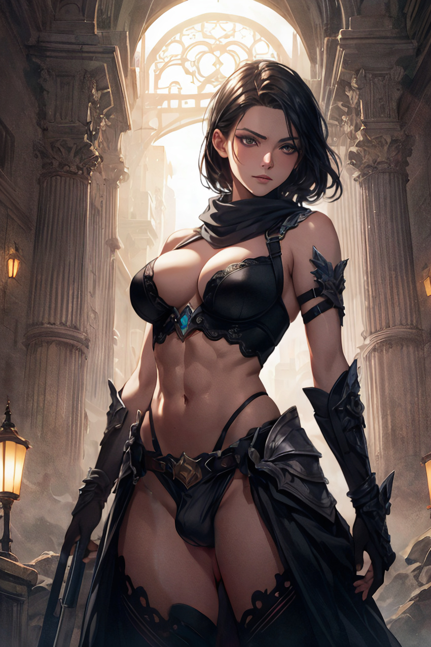 1futa abs ai_generated armband armor arms athletic black_hair bra breasts claw_(weapon) crotch_bulge dickgirl eyebrows futa_only futanari gauntlets hair legs light_skin neck pale_skin partially_clothed scarf solo stable_diffusion standing thighs underwear weapon