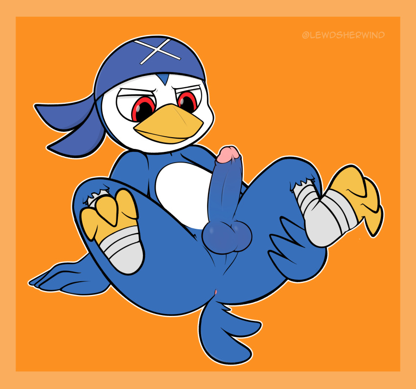 absurd_res annoyed_expression anus ass avian balls beak bird erection genitals hi_res kaio:_king_of_pirates male male_only orange_background penguin penis red_eyes sangokushi sherwind52 simple_background solo spread_legs spreading