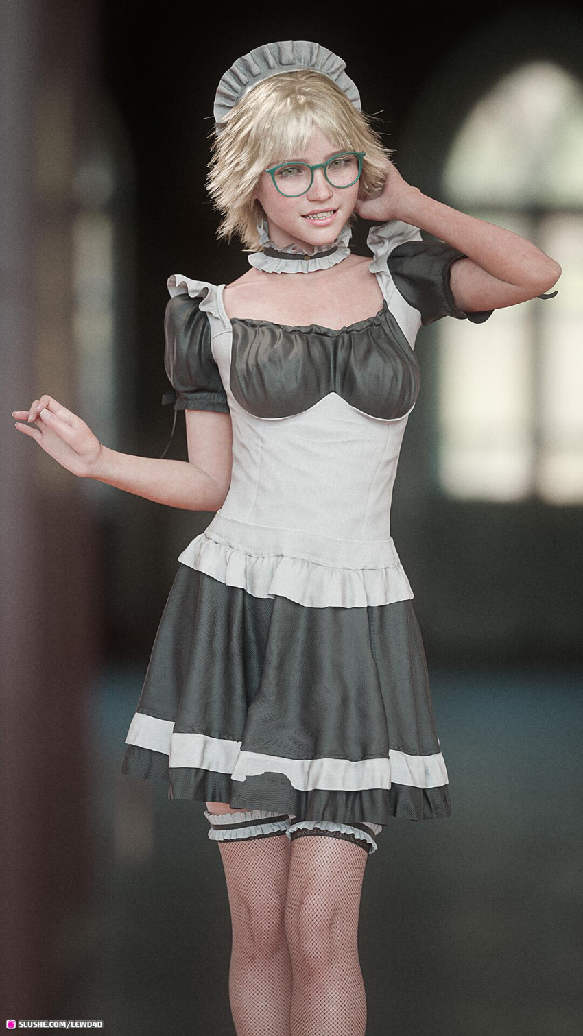 1girls 2023 3d blonde_hair clothed clothing depth_of_field female female_only glasses green_glasses indoors lewd4d maid maid_headdress maid_outfit maid_uniform pale-skinned_female pale_skin short_hair solo solo_female standing