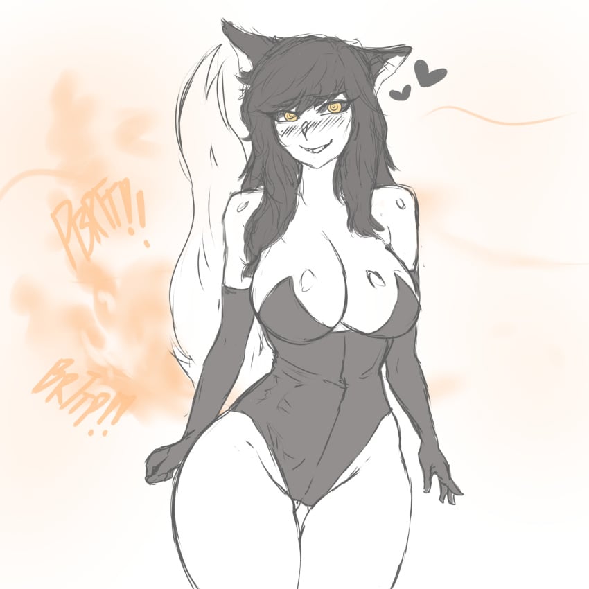 1girls ahri arm_warmers bedroom_eyes black_and_white fart fart_fetish fluffy_tail front_view heart hearts_around_head kitsune league_of_legends looking_at_viewer melonarts2_(artist) monochrome riot_games sketch tail yellow_eyes