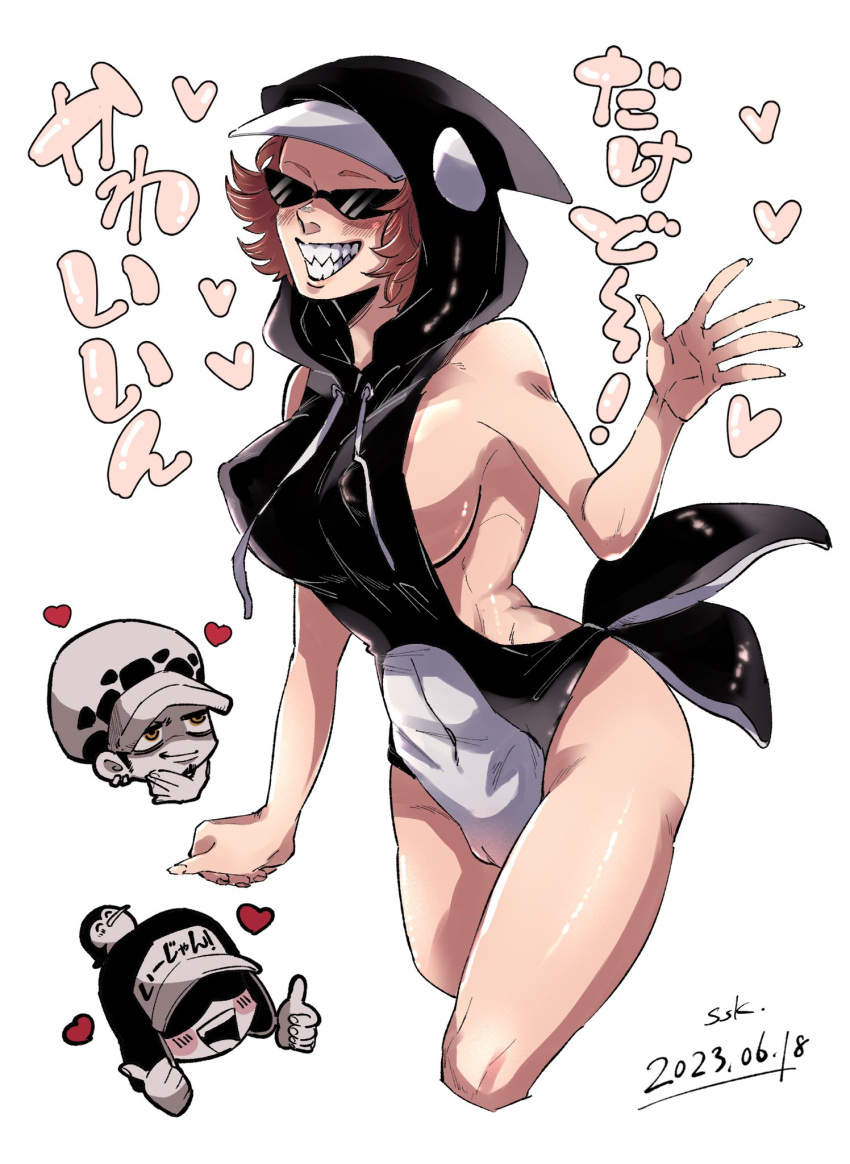 1girls 2boys big_breasts blush brown_hair cameltoe canon_genderswap female female_focus genderswap_(mtf) heart_pirates hood hoodie hourglass_figure leotard lingerie male meme_attire nipple_bulge no_bra one_piece orca_girl orca_hood penguin_(one_piece) revealing_clothes rule_63 shachi_(one_piece) sharp_teeth shiku_shiku_no_mi short_hair sideboob smile solo_focus ssk10_03 sunglasses thumbs_up tinted_eyewear trafalgar_law waving wide_hips