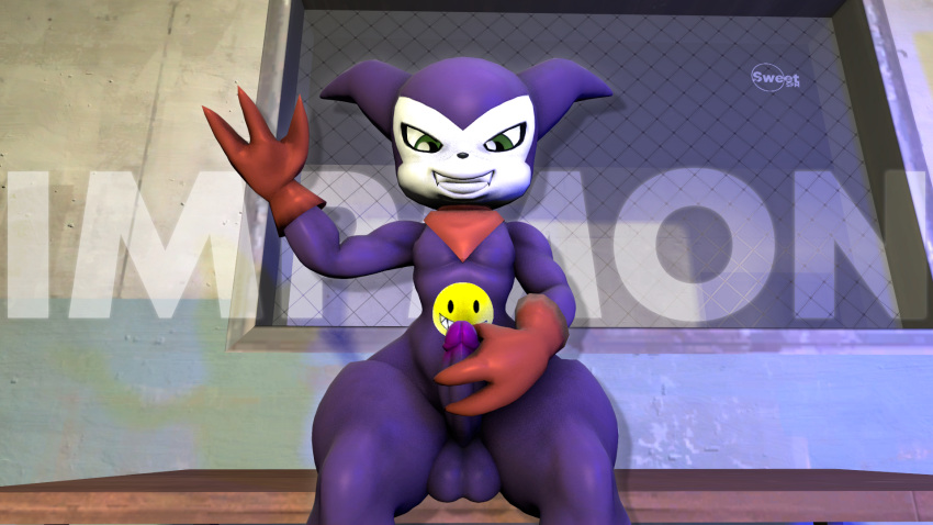 3d bandai_namco clothing digimon digimon_(species) digital_media_(artwork) gloves grinning_at_viewer handwear hi_res impmon looking_at_viewer male masturbation purple_body scarf sitting_on_desk solo source_filmmaker sweetsourcefm thick_thighs wide_hips