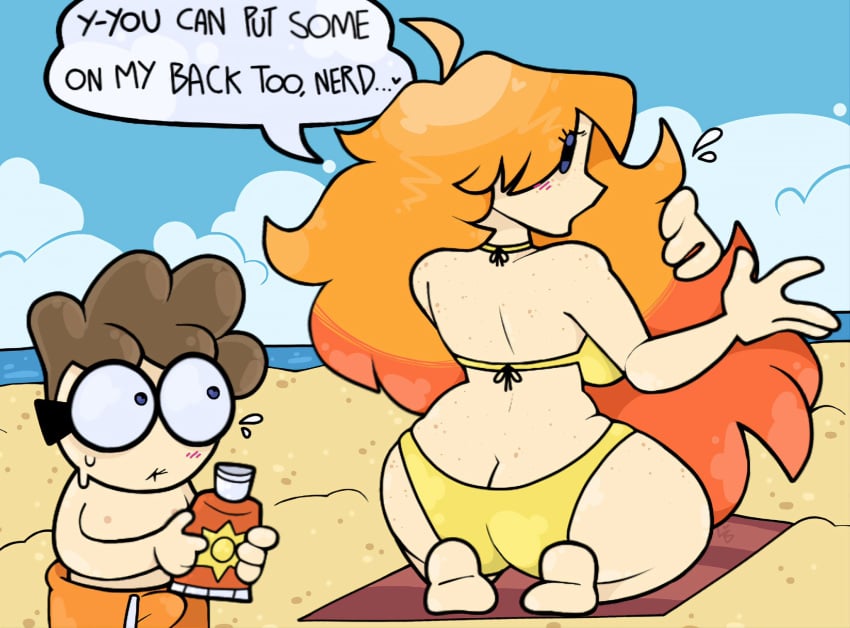 1boy 1female 1girls 1male 4_fingers adjusting_hair ahoge ass ass_freckles back_freckles bangs beach beach_towel big_hair bikini bikini_bottom bikini_top blue_eyes blue_sky blush blush_lines blushing boner boner_in_pants breasts brown_hair butt butt_crack canon_couple clothed cloud curves curvy cute embarrassed english_text erect_penis erection eyelashes fat_ass feet female flying_sweatdrops freckles ginger ginger_hair glasses hard_on heart hips holding holding_hair holding_object huge_ass inviting kneeling larger_female lavabutts light-skinned_female light-skinned_male light_skin long_hair looking_back male male_nipples male_swimwear nerd nerd_(nerd_and_jock) nerd_and_jock_(webcomic) nerdy nerdy_male nervous ocean open_mouth outdoors outside pale-skinned_female pale_skin puckered_lips sand shy size_difference sky smaller_male soles speech_bubble stuttering sunscreen sweat sweatdrop sweating swim_briefs swim_shorts swim_trunks swimming_trunks swimsuit talking talking_to_another text text_bubble thick thick_thighs tiger_(nerd_and_jock) towel very_long_hair voluptuous water wide_hips yellow_bikini yellow_bikini_bottom yellow_bikini_top yellow_swimsuit