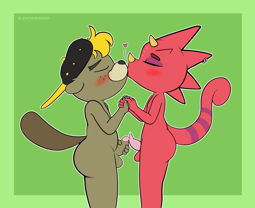 2boys absurd_res animal_crossing blush bodily_fluids c.j._(animal_crossing) cum duo flick_(animal_crossing) furry genital_fluids genitals hand_holding heart hi_res holding_penis kiss_on_lips kissing leaking leaking_cum nintendo penis sherwind52 tips_touching toony touching_penis