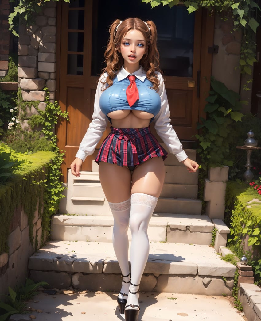 1girls ai_generated ai_hotties curvaceous curvy_body curvy_figure female_focus female_only heels high_heels huge_breasts school_uniform schoolgirl solo_female stable_diffusion stockings underboob voluptuous voluptuous_female