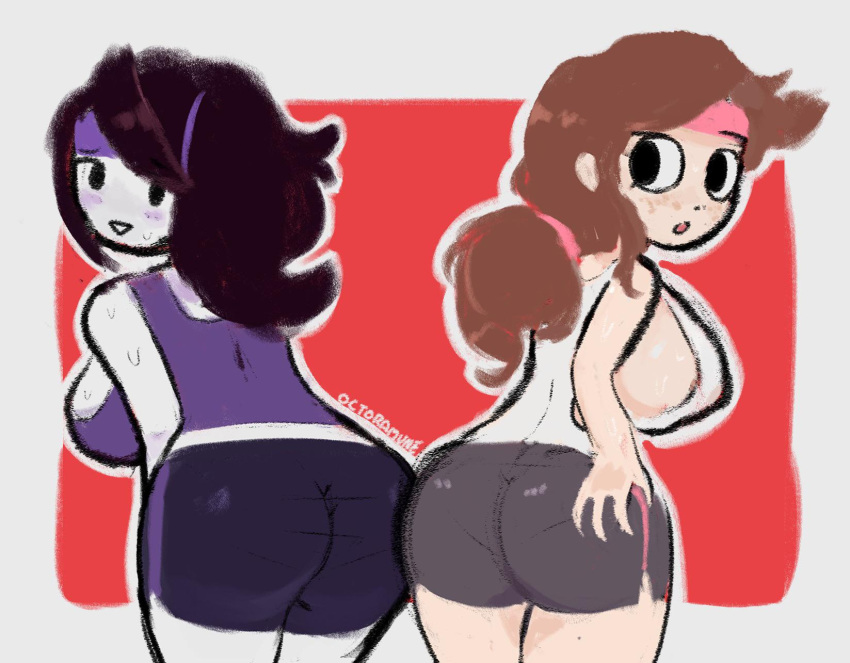 2girls female female_only huge_breasts jaiden jaiden_animations jaiden_dittfach jogging_outfit jogging_pants multiple_girls octoramune presenting_hindquarters shannon_gurr shgurr sweat youtube youtuber