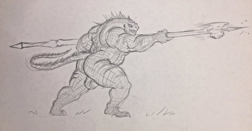 ass balls big_ass big_balls grape_shifter halberd holding_polearm holding_weapon iguana magnus_(grape_shifter) male male_only musclegut muscular muscular_arms muscular_male pencil_(artwork) polearm reptile scales scalie side_view sketch solo solo_focus solo_male standing tail thick_thighs thrusting weapon