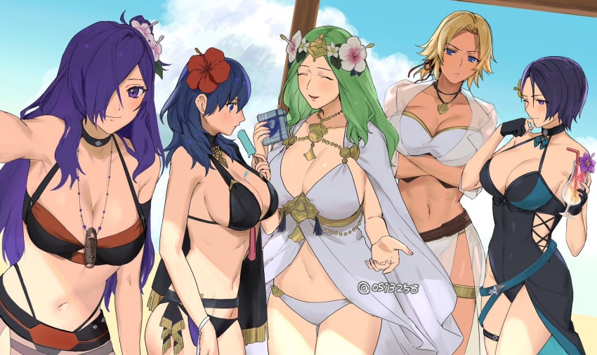 5girls alternate_costume artist_name bare_shoulders beach bikini black_bikini black_choker black_one-piece_swimsuit black_swimsuit blonde_hair blue_eyes blue_hair blush breasts byleth_(female)_(summer)_(fire_emblem) byleth_(fire_emblem) byleth_(fire_emblem)_(female) catherine_(fire_emblem) catherine_(summer)_(fire_emblem) choker cleavage commentary covered_navel drink female female_only fire_emblem fire_emblem:_three_houses fire_emblem_heroes fire_emblem_warriors:_three_hopes flower flower_in_hair green_hair hair_between_eyes hair_flower hair_ornament hair_over_one_eye hi_res hibiscus highres large_breasts long_hair looking_at_viewer melting_popsicle midriff multiple_girls navel nintendo official_alternate_costume one-piece_swimsuit open_mouth parasol popsicle pout purple_eyes purple_hair rhea_(fire_emblem) rhea_(summer)_(fire_emblem) shamir_nevrand shamir_nevrand_(summer) shez_(female)_(fire_emblem) shez_(female)_(summer)_(fire_emblem) shez_(fire_emblem) short_hair smile stomach swimsuit tassel tomboy ushiomi watermark white_bikini white_swimsuit yellow_flower