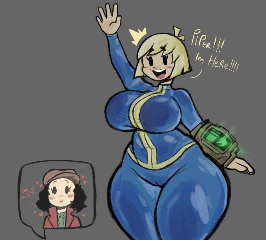 2girls big_ass big_breasts big_butt black_hair blonde_female blonde_hair blue_clothing bodysuit cumlord cumlord_(artist) curvy curvy_body curvy_female curvy_females curvy_figure curvy_hips curvy_thighs cute cute_expression cute_face fallout fallout_(series) fallout_4 female female_focus female_human female_only happy happy_female hips just_coffee large_breasts large_butt lesbian_couple mob_face pip-boy piper_wright short_hair talking talking_to_another talking_to_partner text thick thick_ass thick_eyebrows thick_hips thick_legs thick_thighs tight_clothes tight_clothing tight_fit vault_girl vault_suit waving waving_at_viewer waving_hand wholesome wide_hips yellow_hair yuri