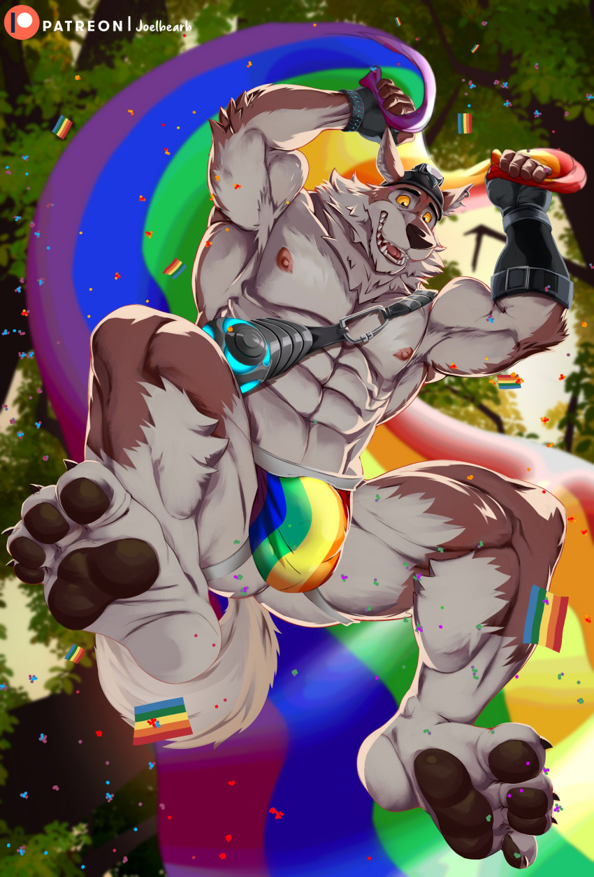 2023 abs absurd_res anthro armband barazoku barefoot bent_legs biceps big_bulge big_muscles bracelet bulge canid canine canis claws clothed clothing confetti detailed_bulge epic_games eyebrows feet fingerless_gloves flag fortnite fur gloves handwear hat headgear headwear hi_res holding_flag holding_object huge_muscles jewelry jockstrap jockstrap_only joelbearb jumping lgbt_history_month lgbt_pride low-angle_view male male_only mammal muscular muscular_anthro muscular_male obliques open_mouth open_smile outside patreon pawpads pecs plant pride_color_clothing pride_color_flag pride_color_jockstrap pride_color_underwear pride_colors quads rainbow_flag rainbow_pride_colors rainbow_pride_flag rainbow_symbol serratus smile soles solo straps teeth thick_thighs tongue topless topless_anthro topless_male tree tuft underwear underwear_only wendell_(fortnite) wolf