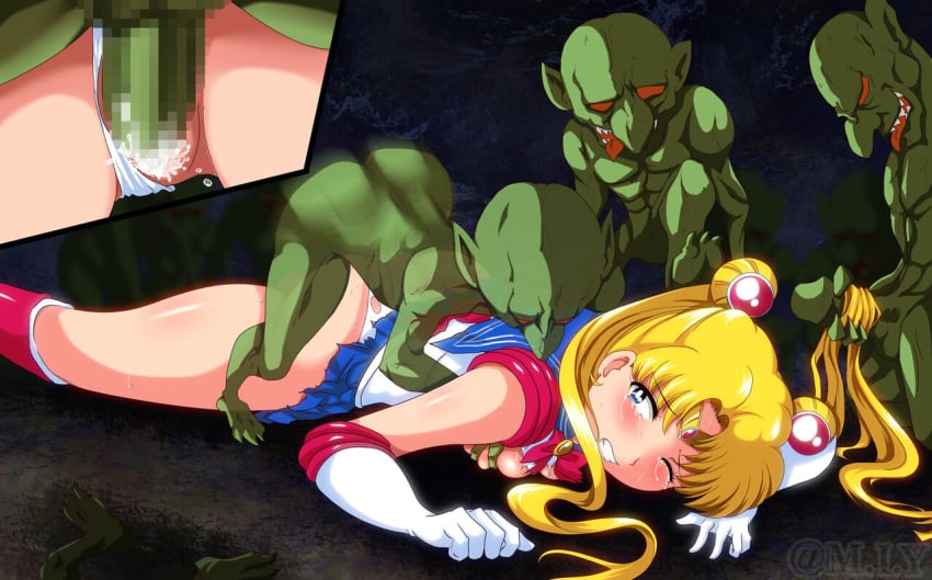 bishoujo_senshi_sailor_moon blush censored clothed_sex clothing doggy_style goblin goblin_male green_skin hairjob m.i.y one_eye_closed panties rape sailor_moon sex_from_behind skirt torn_clothes usagi_tsukino