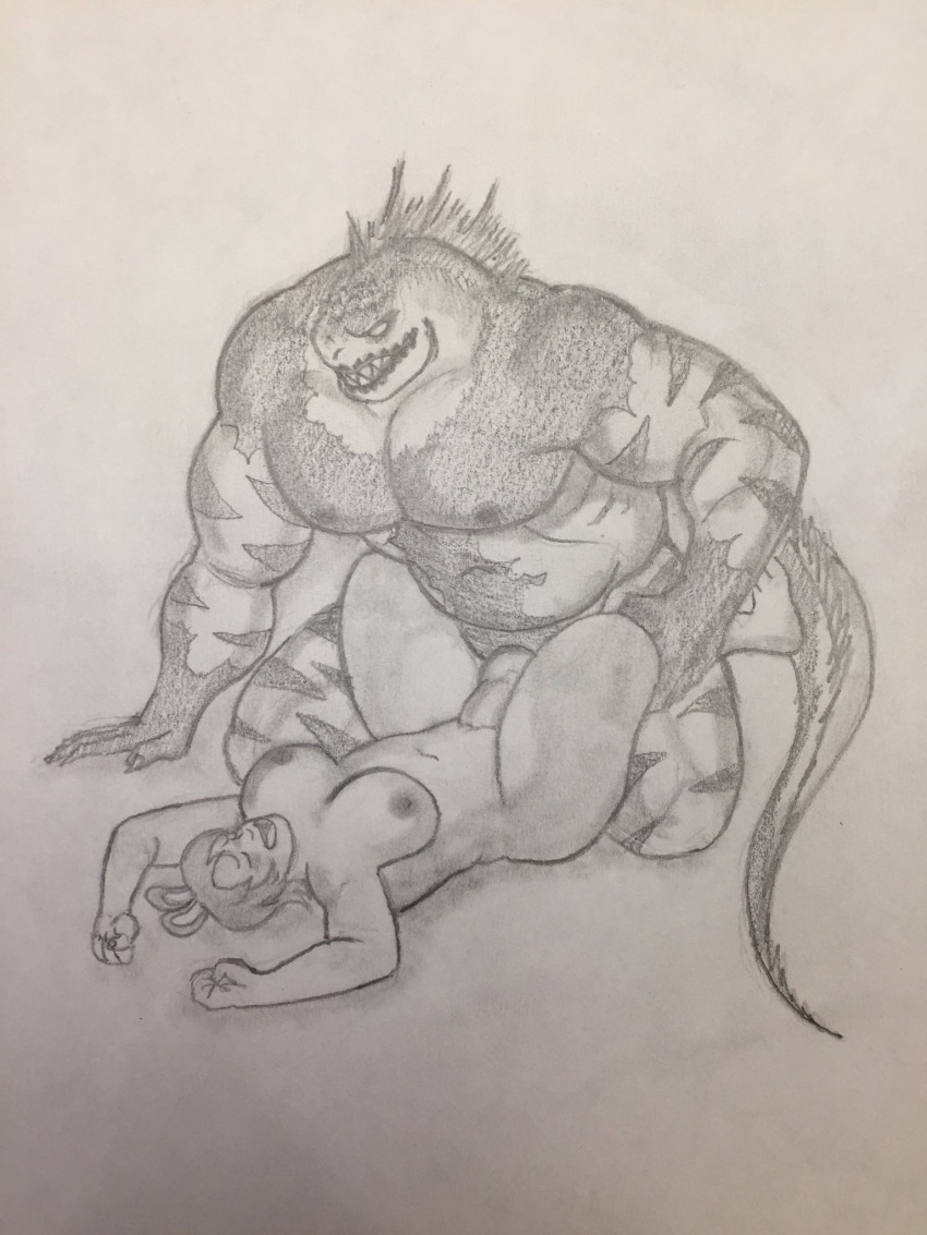 anthro breasts female female_penetrated grape_shifter humanoid iguana larger_male magnus_(grape_shifter) male male/female male_penetrating male_penetrating_female missionary_position musclegut muscles muscular muscular_anthro muscular_male nipples pecs pencil_(artwork) penis penis_in_pussy reptile scalie sex size_difference sketch thick_thighs vaginal_penetration