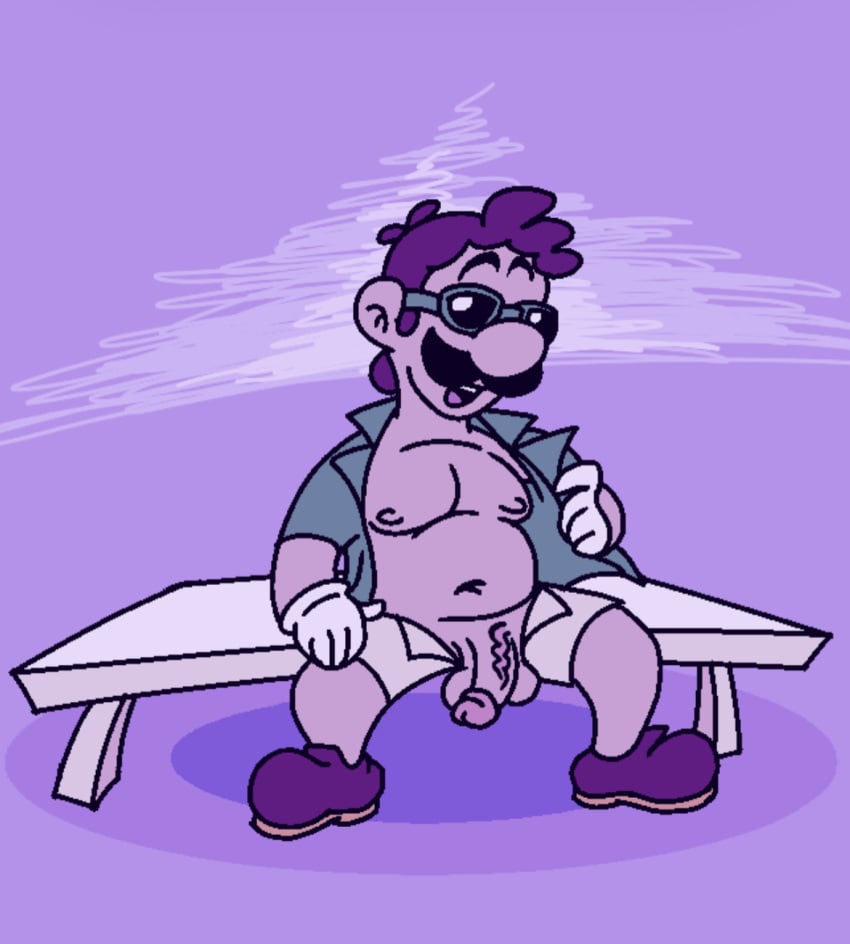 belly_button enterman luigi male male_only mario_(series) mario_kart mario_kart_tour nipples open_clothes open_shirt opening_shirt penis penis_out presenting_belly presenting_breasts presenting_penis purple_background simple_background sitting sitting_on_bench solo solo_male sunglasses unzipped_shorts