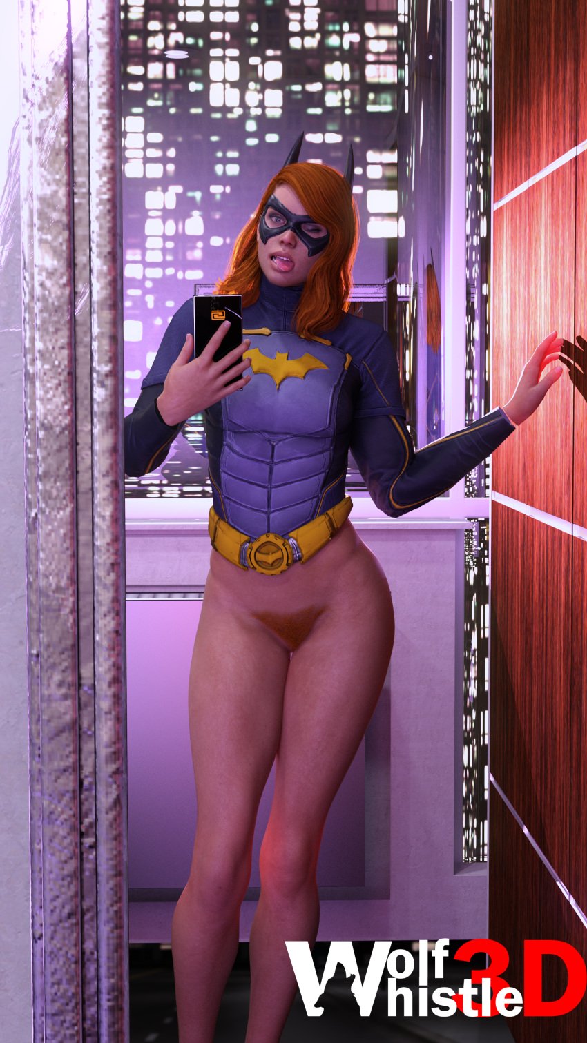 1girls 3d 3d_(artwork) barbara_gordon batgirl batgirl_(gotham_knights) batman_(series) blue_eyes bottomless cellphone dc dc_comics female female_only gotham_knights hairy_pussy long_hair mirror no_panties one_eye_closed orange_hair pubic_hair pussy red_hair redhead selfie smartphone solo superheroine tongue tongue_out vagina wink wolfwhistle3d