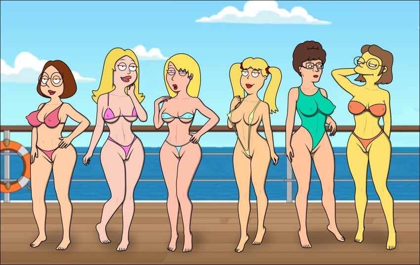 american_dad bikini blonde_hair brown_hair brunette_hair cameltoe cindi_(family_guy) connie_d'amico crossover elizabeth_hoover family_guy female_only francine_smith king_of_the_hill lesbian meg_griffin peggy_hill sexfightfun ship sling_bikini sling_swimsuit smile smiley_face swimsuit the_simpsons tight_clothing tugging_clothing