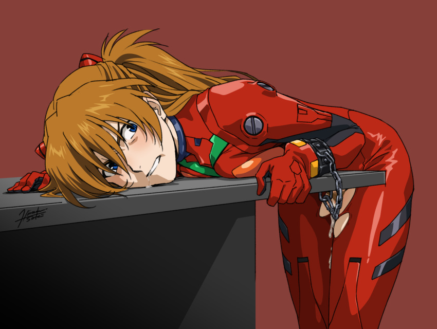 after_sex asuka_langley_sohryu bent_over blue_eyes bodysuit bondage bound brown_hair chained chains cuffs cum cum_in_pussy cumdrip drool female female_pubic_hair femsub hair_ornament hairpin himemura_saki latex latex_suit leather_cuffs long_hair neon_genesis_evangelion plugsuit pubic_hair saliva souryuu_asuka_langley submissive submissive_female torn_bodysuit torn_clothes twintails wrist_cuffs