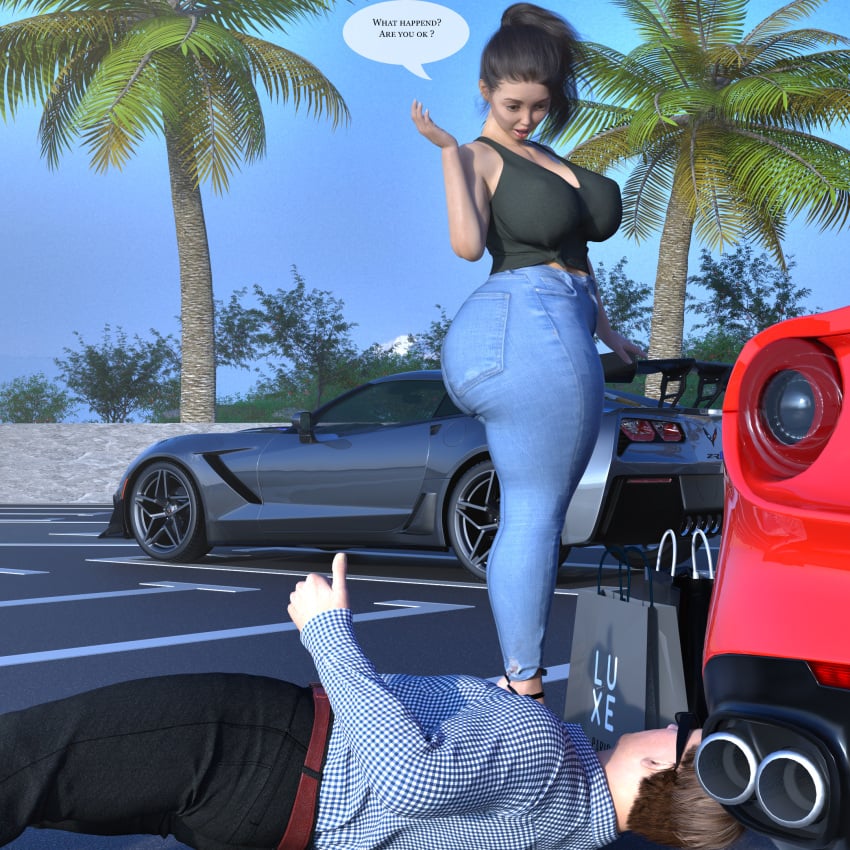 3d 3d_(artwork) ass big_ass busty car chevrolet chevrolet_camaro clothing clueless dark_hair dialogue duo fat_ass ferrari hourglass_figure jeans male oblivious parking_lot rev2019 staring_at_ass tight_jeans