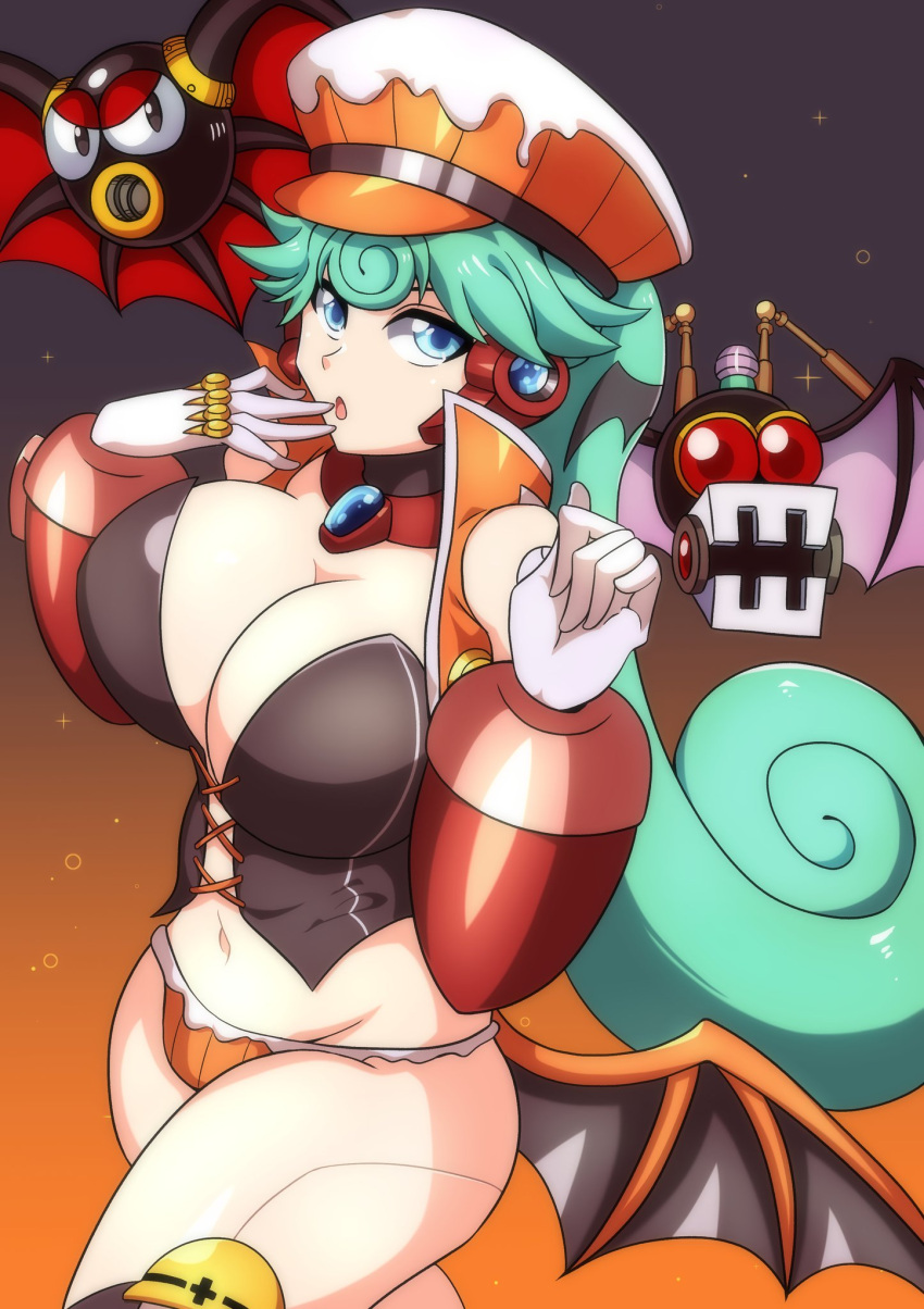 batton blue_eyes breasts green_hair halloween_marino_(x_dive) kotatuman_dash light-skinned_female light_skin marino mega_man mega_man_x mega_man_x_dive thighs