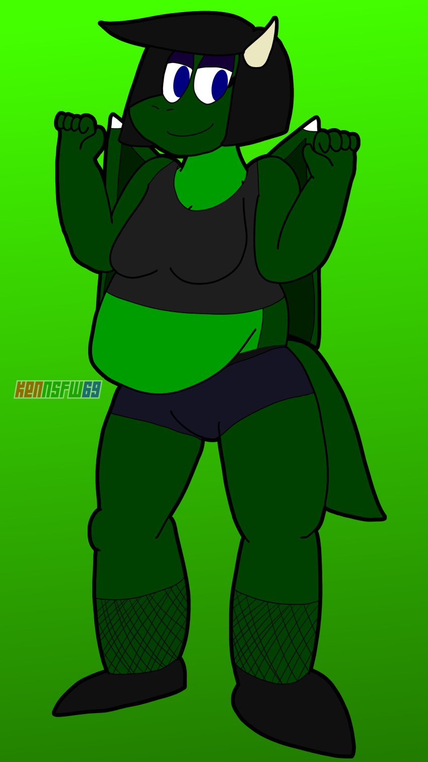 bbw belle_(kenmazu95) belly big_belly big_breasts black_hair blue_eyes chubby chubby_female crop_top cute daisy_dukes dragon dragon_girl dragon_horns dragon_wings eyeliner fat fishnets goth goth_girl green_body green_dragon green_scales kenmazu95 overweight scalie scalie_female thick_thighs toony tummy