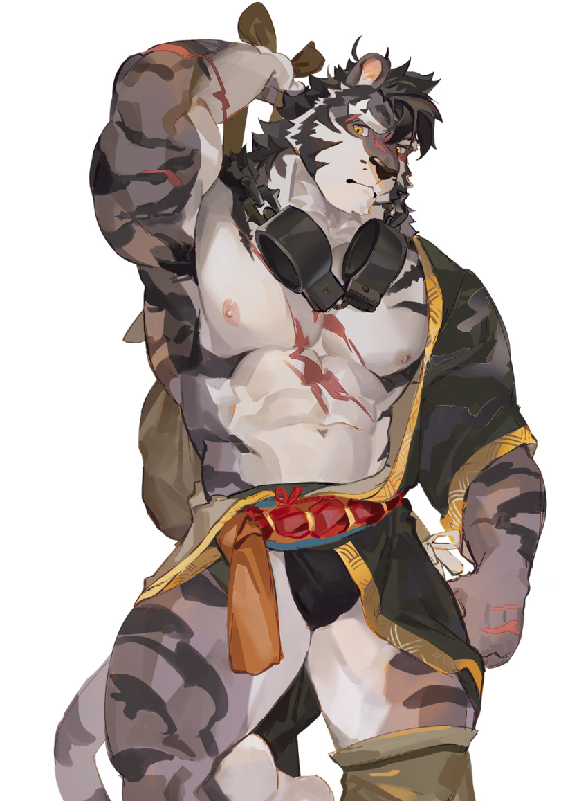 1boy 2023 abdominal_scar abs anthro arm_scar asian_clothing bag barazoku belt biceps black_hair chest_scar clothed clothing east_asian_clothing eye_scar facial_scar felid fundoshi fur gay hair hand_scar handcuffs hi_res holding_bag japanese_clothing male mammal multicolored_body multicolored_fur muscular_thighs nipples nose_scar open_clothing pantherine purple_hair rope rope_belt scar seatohao simple_background solo striped_body striped_fur stripes tiger underwear white_background white_body white_fur yao_(sdorica) yellow_eyes