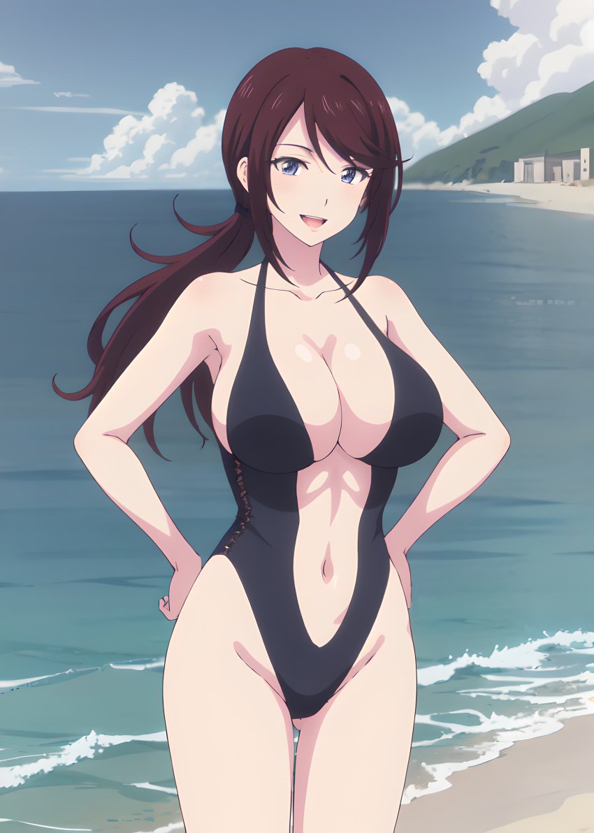 1girls acchan_(megami_no_kafeterasu) ai_generated beach big_breasts black_hair breasts busty center_opening cleavage confident female female_only glasses hands_on_hips large_breasts legs megami_no_kafeterasu multiple_boys navel ocean one-piece_swimsuit pose posing purple_eyes smile stable_diffusion swimsuit thighs voluptuous water