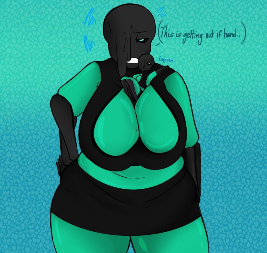 2d 2d_(artwork) 2d_artwork 2girls alternate_universe animated_skeleton annoyed big_breasts chubby chubby_female color dialogue dreamtale duo ectobody ectobreasts english english_dialogue english_text female_only genderswap_(mtf) giant_breasts green_body hand_on_hip khorroux minigirl multiple_girls nightmare_sans nightmare_sans_(fan_character) revealing_clothes rule_63 sans sans_au simple_background skeleton text undertale undertale_(series) undertale_au