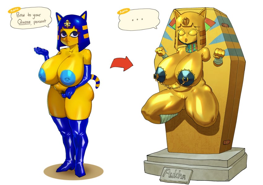 absurd_res animal_crossing ankha ankha_(animal_crossing) anthro areola armwear ass before_and_after big_areola big_breasts big_butt black_pubes blue_hair boots breasts clothing crabhorn domestic_cat elbow_gloves encasement english_text felid feline felis female femsub footwear fur genitals gloves gold_statue hair handwear hi_res huge_breasts instant_loss_2koma large_breasts legwear mammal mind_break mostly_nude_anthro mostly_nude_female nintendo nipple_chain nipple_clamp nipple_piercing nipple_ring nipples petrification piercing pubes pussy ring_piercing sarcophagus solo text thick_thighs thigh_boots thigh_highs wide_hips yellow_body yellow_fur