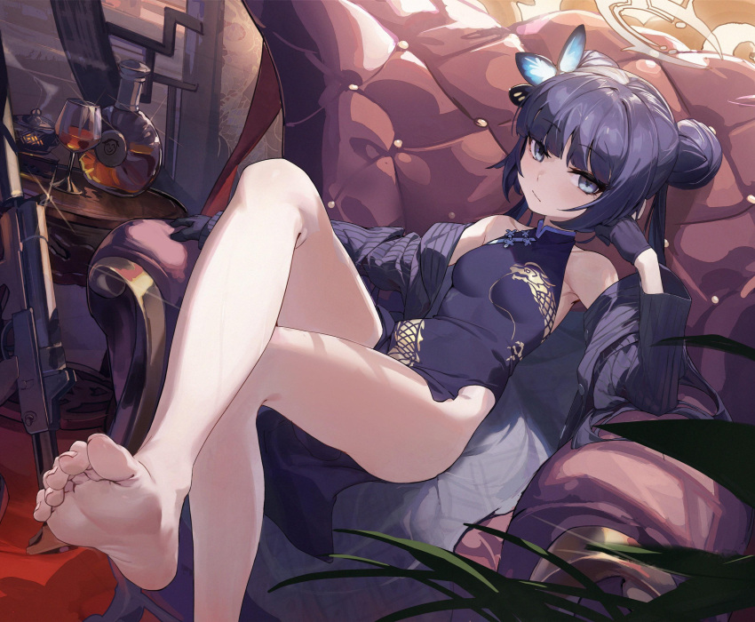 1girls absurdres bare_legs barefoot black_hair blue_archive blue_eyes breasts butterfly_hair_ornament china_dress chinese_clothes couch dragon_print dress feet genryumon_(blue_archive) hair_ornament halo highres kisaki_(blue_archive) legs long_hair looking_at_viewer on_couch pelvic_curtain r1zen shanhaijing_secondary_school_student small_breasts soles solo toes twintails young