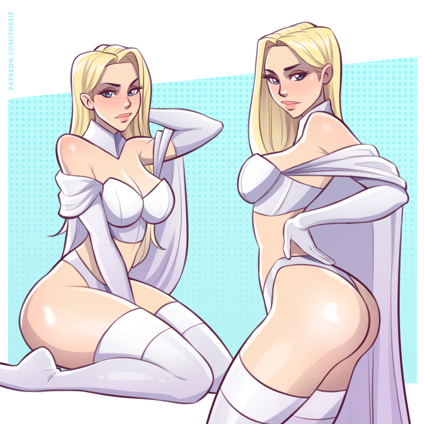 ass big_breasts blonde_hair blue_eyes breasts choker cleavage curvy curvy_female dat_ass emma_frost female kneeling light-skinned_female marvel marvel_comics thick_thighs thighhighs thong thong_panties toksie toxyart white_queen x-men