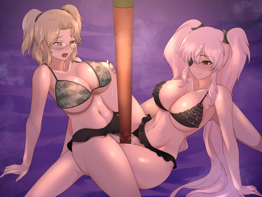 2girls big_breasts bikini bikini_bottom bikini_bottom_aside bikini_top blush breasts brown_hair camouflage commission commissioner_upload eyepatch glasses green_eyes grinding hair_ornament imu_(senran_kagura) jin_morisono large_breasts long_hair marvelous masturbation multiple_girls navel open_mouth panties_aside pleasure_face pole red_eyes scissoring senran_kagura skirt staff_(weapon) swimsuit thighs twintails white_hair yagyuu_(senran_kagura) yuri