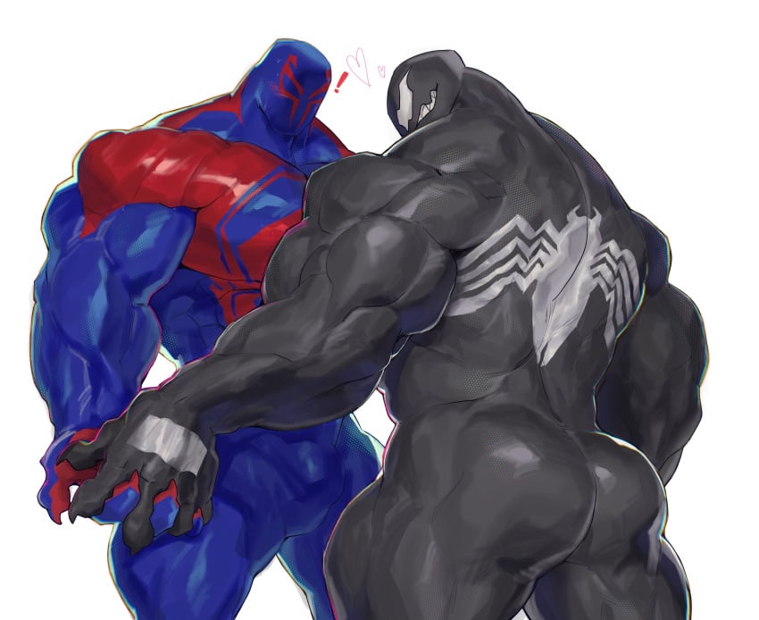 2023 2boys absurd_res animal-shaped_markings anthro arachnid-shaped_markings arthropod-shaped_markings ass back_markings back_muscles black_body blue_clothing blue_suit bulge claws clothing denkon1886 diangun duo exclamation_point finger_claws flaccid hand_holding heart hi_res human humanoid hybrid male male_only mammal markings marvel miguel_o'hara multicolored_clothing muscular muscular_anthro muscular_male red_clothing red_suit spider-man spider-man:_across_the_spider-verse spider-man_(series) spider-shaped_markings suit symbiote venom_(marvel) white_markings yaoi