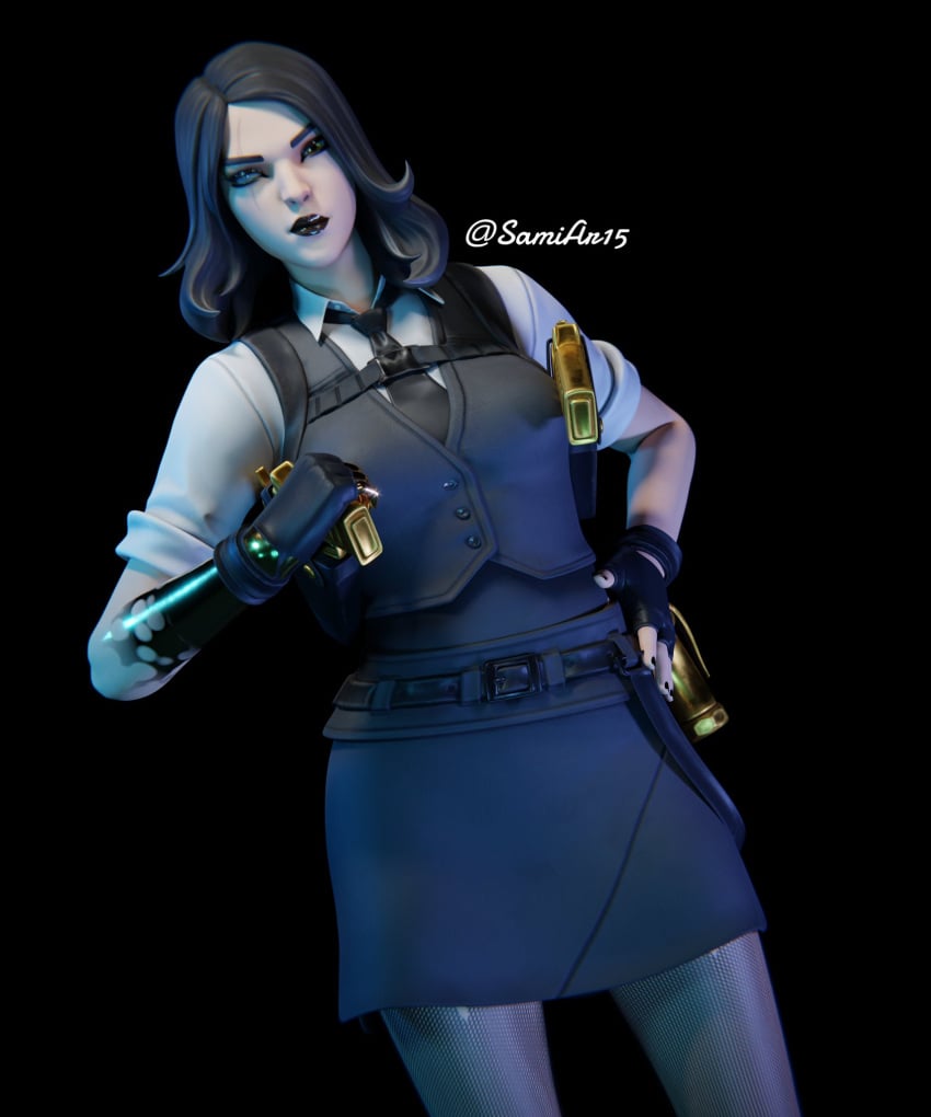 clothed clothed_female clothing fortnite gold_(metal) gun gun_holster looking_at_viewer marigold_(fortnite) samiar15_ scar sfw smirk smirking_at_viewer weapon