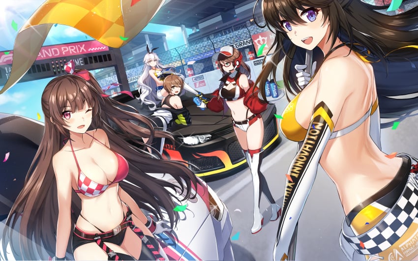 5girls absurdres arius_esquede audience bare_shoulders bikini breasts brown_hair car cleavage counter:side glasses highleg highleg_panties highres kang_soyoung kim_chowon long_hair lumi_(counter:side) motor_vehicle multiple_girls navel official_art outdoors panties pink_bikini race_queen shin_jia sports_car swimsuit underwear white_hair