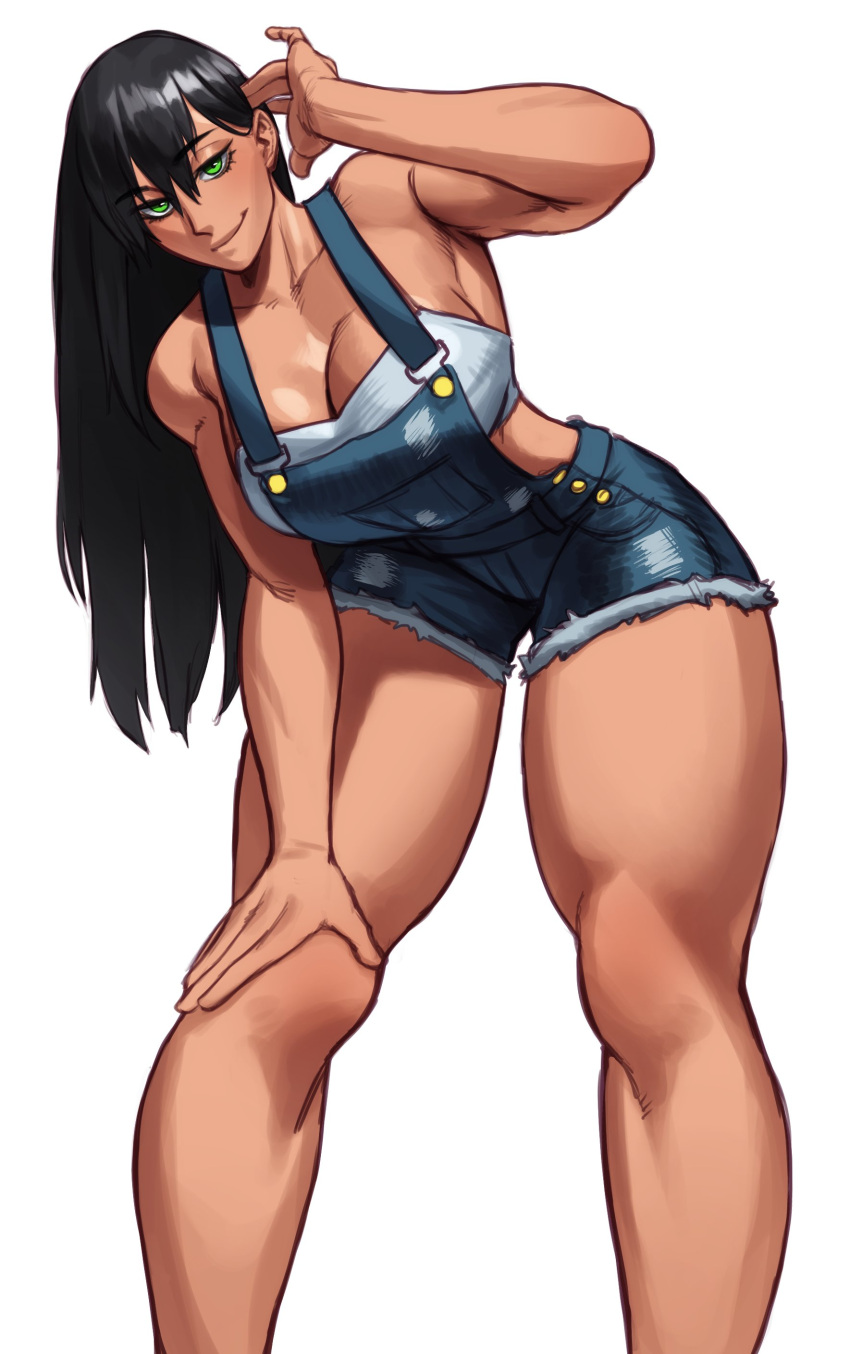 1girls bent_over black_hair cleavage commission copyright_request female female_only green_eyes leaning_on_knee light-skinned_female light_skin long_hair looking_at_viewer overalls smiling smiling_at_viewer solo sotcho thick_thighs very_high_resolution white_background