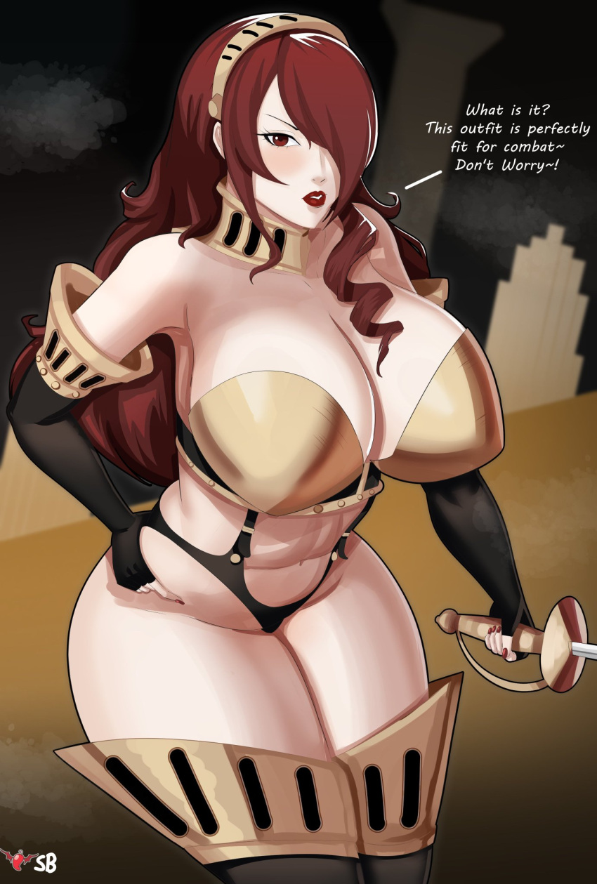 1girls blush gloves high-cut_armor huge_breasts mitsuru_kirijo persona persona_3 red_eyes red_hair solo spicyburrd tagme thick thick_thighs thighhighs